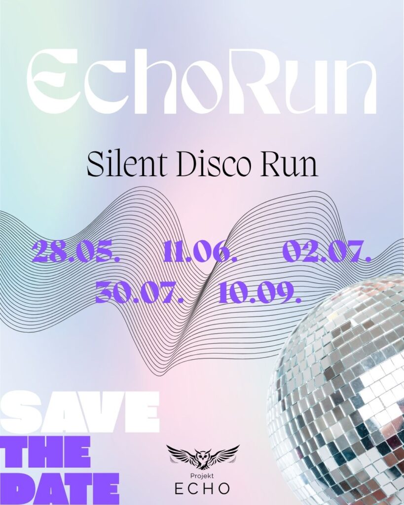 Poster für die EchoRun Silent Disco Run Veranstaltungsreihe mit den Terminen 28.05., 11.06., 02.07., 30.07. und 10.09. auf pastellfarbenem Hintergrund mit Wellenlinien und Discokugel.